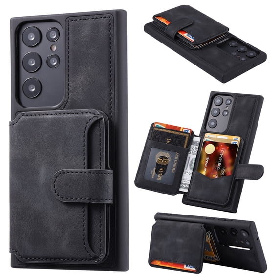 Compatible with Samsung Galaxy S25 Ultra, Stylish Card Slots Kickstand PU Leather TPU Frame Magnetic Closure Shockproof Ultra Slim Back Case Cover Designed for Samsung Galaxy S25 Ultra, Black