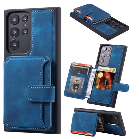 Compatible with Samsung Galaxy S25 Ultra, Stylish Card Slots Kickstand PU Leather TPU Frame Magnetic Closure Shockproof Ultra Slim Back Case Cover Designed for Samsung Galaxy S25 Ultra, Blue
