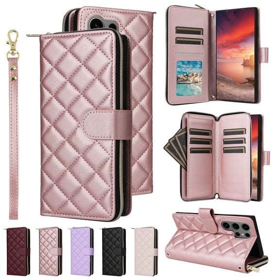Compatible for Samsung Galaxy S25 Ultra Wallet Case, Crossbody Strap PU Leather Folio Phone Cover, Zipper Handbag Purse with Card Holder Lanyard Flip Stand for Samsung Galaxy S25 Ultra, Rosegold