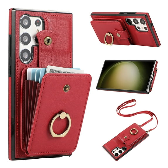 Compatible with Samsung Galaxy S25 Ultra Wallet Case, PU Leather Case with Card Holder, 360° Rotation Ring Kickstand, Shoulder Strap, Magnetic Snap Protective Case Designed for S25 Ultra, Red