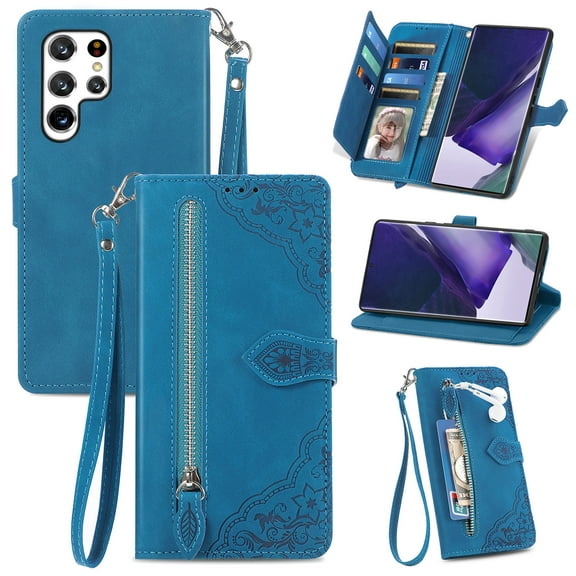Compatible for Samsung Galaxy S25 Ultra Wallet Case for Women Girls with Card Holder - Retro Embossed Flower Zipper Wallet PU Leather Flip Cover with Detachable Wrist Hand Strap, Blue