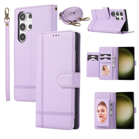 Compatible with Samsung Galaxy S25 Ultra Wallet Case, with Wrist Strap and Crossbody Strap, Make-up Mirror PU Leather Flip Credit Cell Cover Kickstand for Samsung Galaxy S25 Ultra Girls Women, Purple