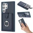 thumbnail image 1 of Compatible with Samsung Galaxy S25 Ultra Wallet Phone Case,360°Rotation Finger Ring Holder Kickstand,with Card Holder,Lychee Pattern PU Leather Durable Shockproof Rugged Phone Case,Blue, 1 of 12