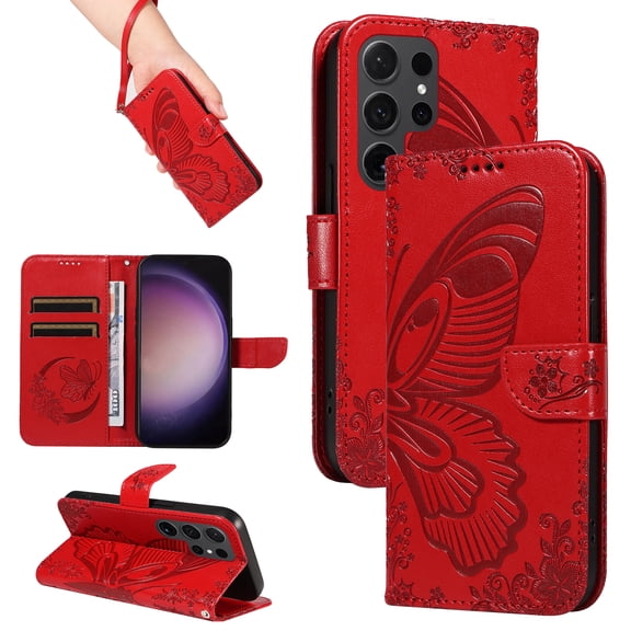 Compatible With Samsung Galaxy S25 Ultra Wallet Phone Case,Embossed Butterfly Designing,With Wrist Strap,Card Slots,Kickstand,PU Leather Flip Shockproof Anti-fall Phone Case Cover,Red