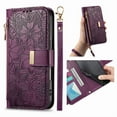 thumbnail image 1 of Compatible with Samsung Galaxy S25 Ultra Wallet Phone Case,With Shoulder Strap&Wrist Strap,Zipper Pocket,Card Slots,Flip Folio Kickstand,Flower&Leaf Emboss PU Leather Shockproof Phone Case,Purple, 1 of 12