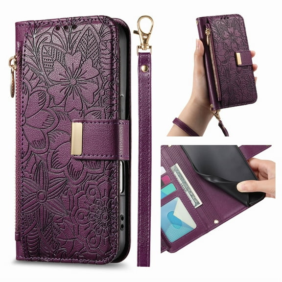 Compatible with Samsung Galaxy S25 Ultra Wallet Phone Case,With Shoulder Strap&Wrist Strap,Zipper Pocket,Card Slots,Flip Folio Kickstand,Flower&Leaf Emboss PU Leather Shockproof Phone Case,Purple