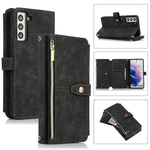 Compatible with Samsung Galaxy S25 Wallet Case, 2 in 1 Magnetic Wallet Case with Card Holder, Zipper, PU Leather Flip Cover Case with Detachable Long Shoulder Strap,Card Slots, Black