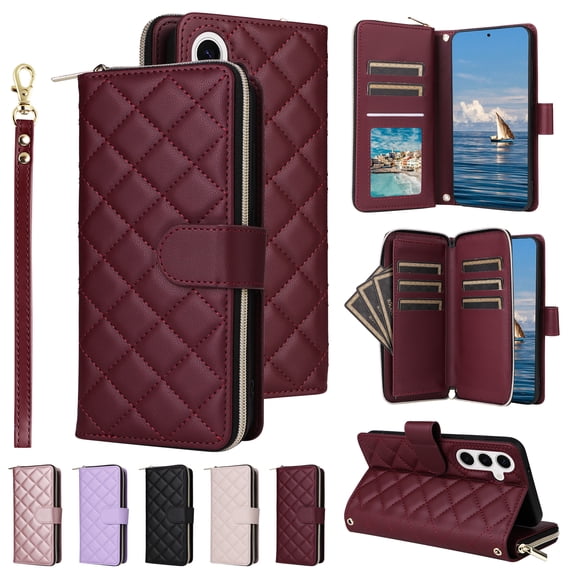 Compatible for Samsung Galaxy S25 Wallet Case, Crossbody Strap PU Leather Folio Phone Cover, Zipper Handbag Purse with Card Holder Lanyard Flip Stand for Samsung Galaxy S25, Winered