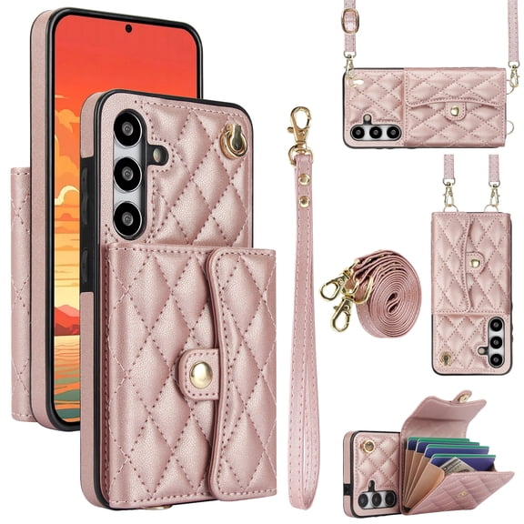 Compatible with Samsung Galaxy S25 Wallet Case with Crossbody Strap and Wrist Strap, RFID Blocking Stand PU Leather Credit Card Holder Cell Accessories Phone Cover Magnetic Buckle - Rosegold