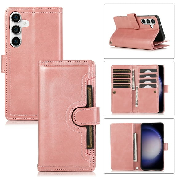 Compatible with Samsung Galaxy S25 Wallet Case,RFID Blocking PU Leather Folio Magnetic Closure Protective Cover with Wrist Strap Outer Slide Credit Card Holder Kickstand Men Women,Rosegold