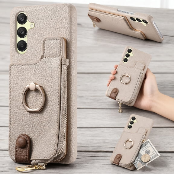 Compatible for Samsung Galaxy S25 Wallet Case with RFID Blocking, Zipper PU Leather Purse Case Ring Holder Stand with Card Holder, Shockproof Protection Magnetic Car Mount Phone Cover - Khaki