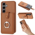 thumbnail image 1 of Compatible with Samsung Galaxy S25 Wallet Phone Case,360°Rotation Finger Ring Holder Kickstand,with Card Holder,Lychee Pattern PU Leather Durable Shockproof Rugged Phone Case,Brown, 1 of 12