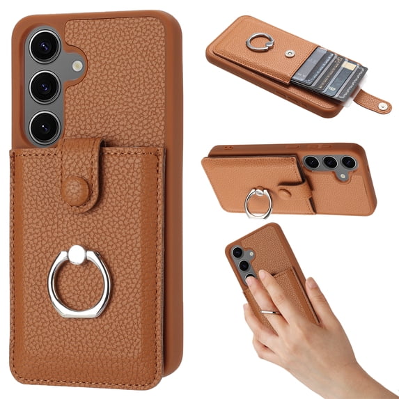 Compatible with Samsung Galaxy S25 Wallet Phone Case,360°Rotation Finger Ring Holder Kickstand,with Card Holder,Lychee Pattern PU Leather Durable Shockproof Rugged Phone Case,Brown