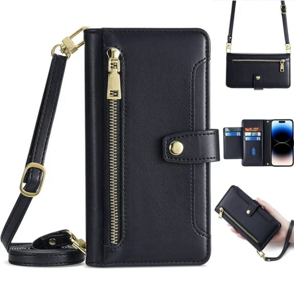 Compatible with Samsung Galaxy S25, Zipper Purse Shoulder Strap & Wrist Strap Card Slots Kickstand PU Leather Wallet Case Rugged Magnetic Closure for Samsung Galaxy S25, Black