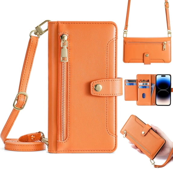 Compatible with Samsung Galaxy S25, Zipper Purse Shoulder Strap & Wrist Strap Card Slots Kickstand PU Leather Wallet Case Rugged Magnetic Closure for Samsung Galaxy S25, Orange
