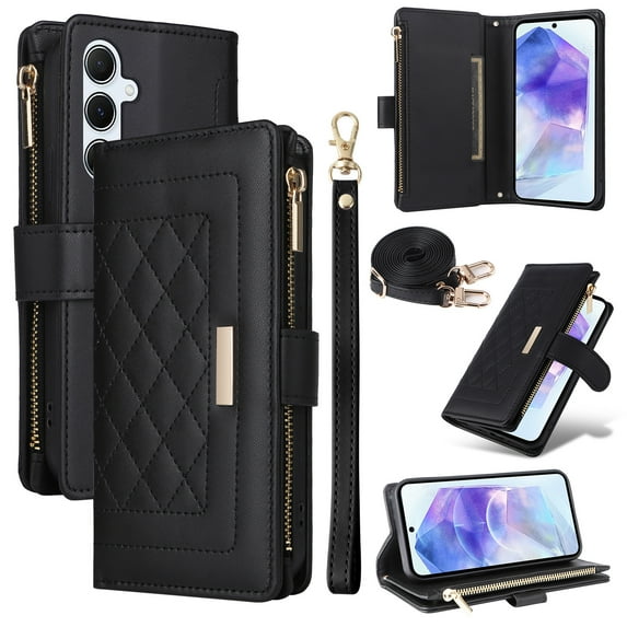 Compatible with Samsung Galaxy S25 case Wallet Crossbody & Wrist Strap with Card Holder case RFID Blocking PU Leather Magnetic Closure Flip Stand Zipper Purse Shockproof Cover,Black