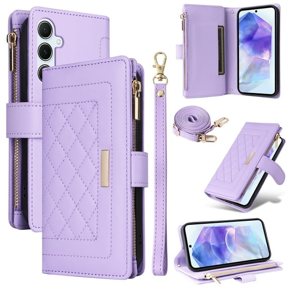 Compatible with Samsung Galaxy S25 case Wallet Crossbody & Wrist Strap with Card Holder case RFID Blocking PU Leather Magnetic Closure Flip Stand Zipper Purse Shockproof Cover,Purple