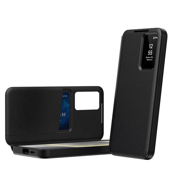Compatible with Samsung Galaxy S26+ Flip Phone Case,With Smart window,PU Leather + PC + TPU Material,With Card Slot,Shockproof Anti-fall Rugged Case Cover For Samsung Galaxy S26+,Black