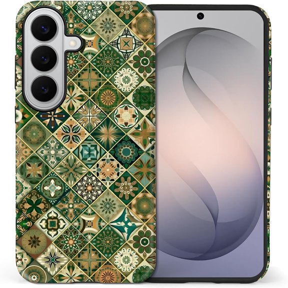 Compatible with Samsung Galaxy S26 Full Body Matte Case Hard Shell Shockproof Screen Lens Protection for Girl Boy Cute Pattern Mediterranean Traditional Tile Art Dark Green