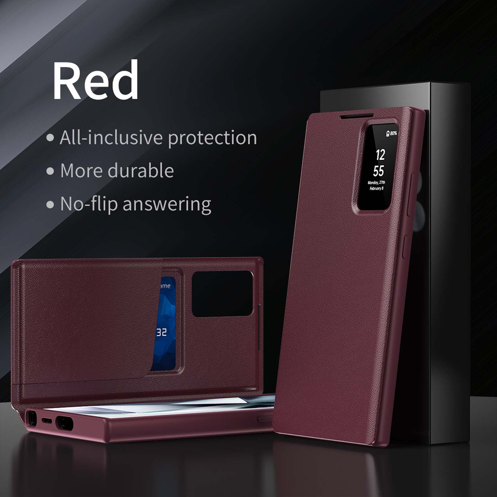 Compatible WIth Samsung Galaxy S26 Ultra Phone Case,Flip Cover,With Card Slots,With Intelligent Window,PU Leather Shockproof Anti-fall Thin Fit Phone Case for Samsung Galaxy S26 Ultra,Red