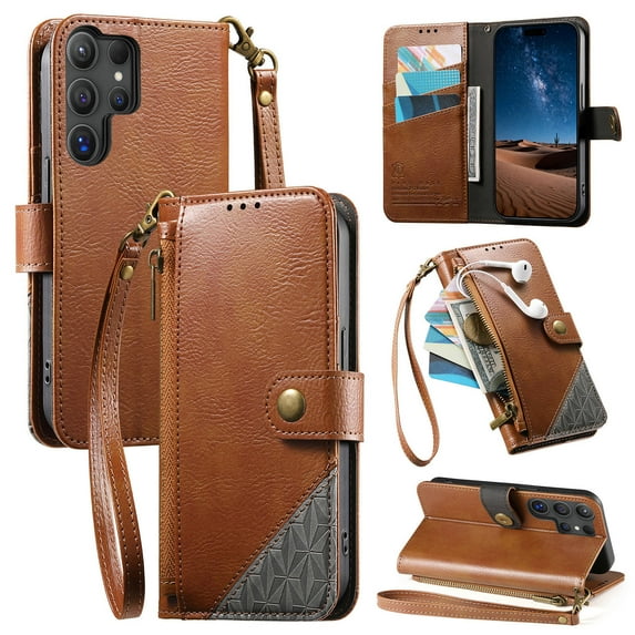 Compatible with Samsung Galaxy S26 Ultra Wallet Phone Case - PU Leather Magnetic Flip Cover with Credit Card Slots Zipper Pocket & Detachable Wrist Strap, Shockproof Design, for Women and Men - Brown