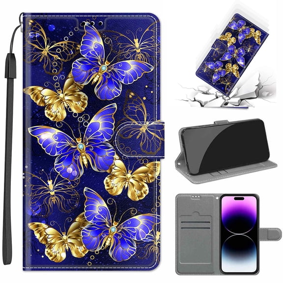 Compatible with Samsung Galaxy S26 Wallet Case for Men Women, Premium PU Leather Flip Cover with Card Holder, Wrist Strap, Kickstand Shockproof Magnetic Clasp Phone Case, Golden Blue Butterfly