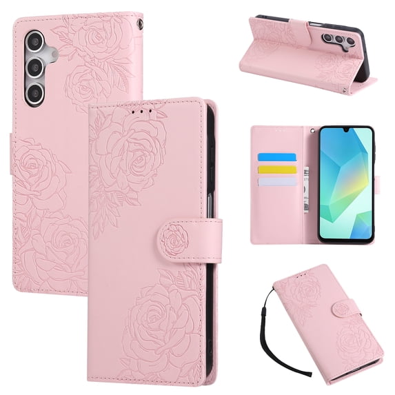 Compatible with Samsung Galaxy S26+ Wallet Phone Case,With Wrist Strap,Flip Fold Kickstand,Card Slots,Rose Embossing PU Leather Shockproof Anti-fall Folio Durable Slim Phone Case,Rosegold