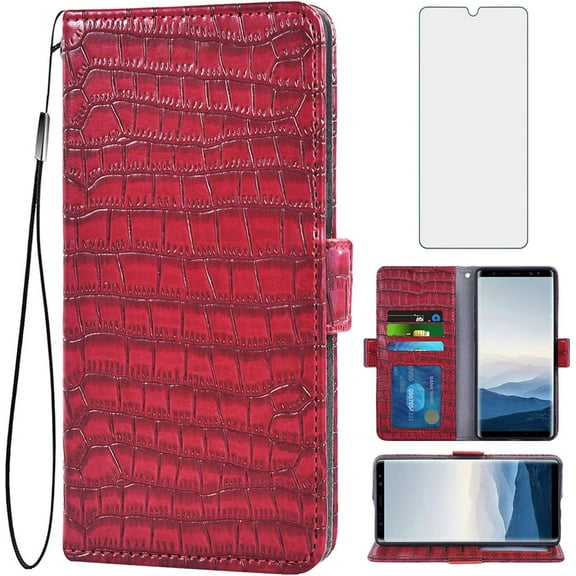 Compatible with Samsung Galaxy S6 Wallet Case with Tempered Glass Screen Protector and Flip Cover Card Holder Cell Phone Cases for Glaxay S 6 Gaxaly 6s Galaxies GS6 SM-G920V G920A Women Red