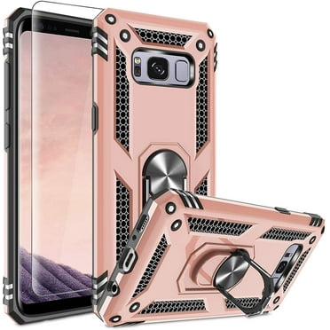 Compatible for Samsung Galaxy S8 Case with HD Screen Protector, Military-Grade Shockproof Protective Phone Case with Magnetic Kickstand Ring for Samsung S8 Rose Gold