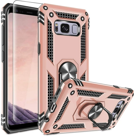 Compatible for Samsung Galaxy S8 Case with HD Screen Protector, Military-Grade Shockproof Protective Phone Case with Magnetic Kickstand Ring for Samsung S8 Rose Gold
