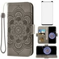thumbnail image 1 of Compatible with Samsung Galaxy S9 Plus Wallet Phone Case and Tempered Glass Screen Protector Flip Credit Card Holder Stand Mandala Flower Cell Cover for S9+ 9S 9+ S 9 9plus S9plus Women Men Gray, 1 of 9