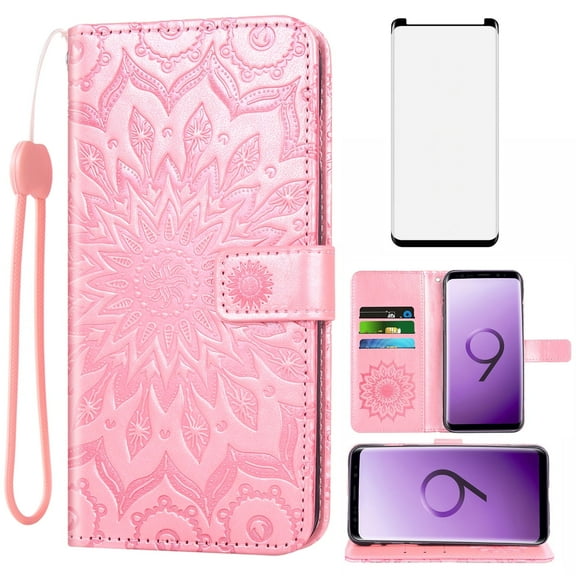 Compatible with Samsung Galaxy S9 Plus Wallet Phone Case and Tempered Glass Screen Protector Flip Credit Card Holder Stand Mandala Flower Cell Cover for S9 9S 9 S 9 9plus S9plus Women Men Pink