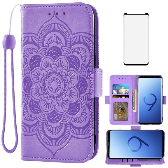Compatible with Samsung Galaxy S9 Plus Wallet Phone Case and Tempered Glass Screen Protector Flip Credit Card Holder Stand Mandala Flower Cell Cover for S9+ 9S 9+ S 9 9plus S9plus Women Men Purple