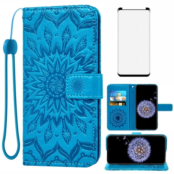 Compatible with Samsung Galaxy S9 Plus Wallet Phone Case and Tempered Glass Screen Protector Flip Credit Card Holder Stand Mandala Flower Cell Cover for S9+ 9S 9+ S 9 9plus S9plus Women Men Blue