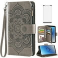 thumbnail image 1 of Compatible with Samsung Galaxy S9 Plus Wallet Phone Case and Tempered Glass Screen Protector Flower Faux Leather Flip Credit Card Holder Stand Zipper Cell Cover for S9+ 9S 9plus S9plus Women Grey, 1 of 9
