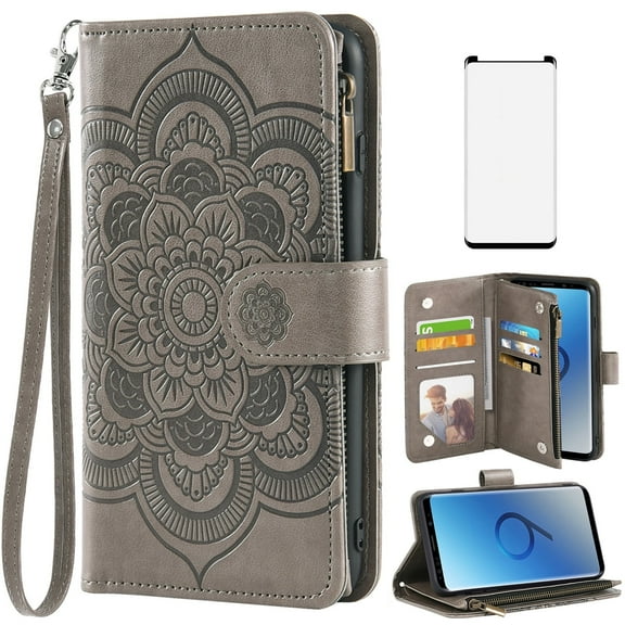 Compatible with Samsung Galaxy S9 Plus Wallet Phone Case and Tempered Glass Screen Protector Flower Faux Leather Flip Credit Card Holder Stand Zipper Cell Cover for S9+ 9S 9plus S9plus Women Grey