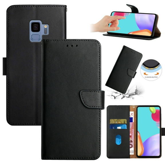 Compatible with Samsung Galaxy S9 Vintage Wallet || Real Leather Wallet Phone Case || Genuine Leather with Viewing Stand & Card Holder || Magnetic Flip Folio Cover with Card Slot, Black