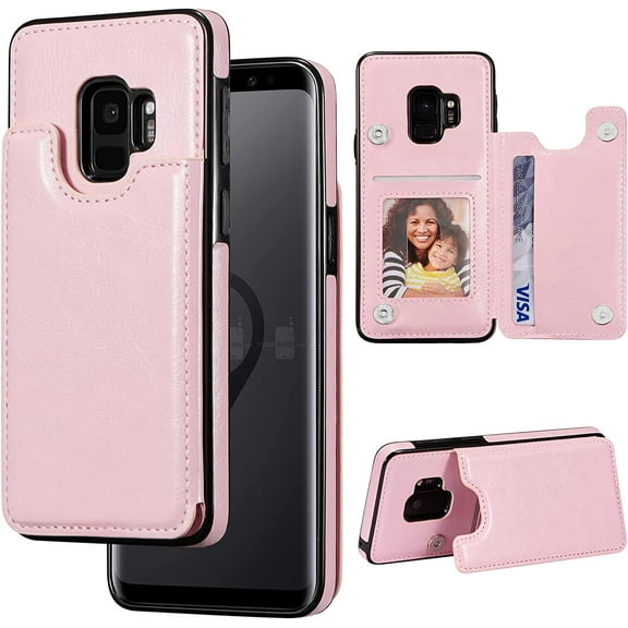 Compatible with Samsung Galaxy S9 Wallet Case with Card Holder, PU Leather Kickstand Card Slots Case,Double Magnetic Clasp Durable Shockproof Cover,Pink
