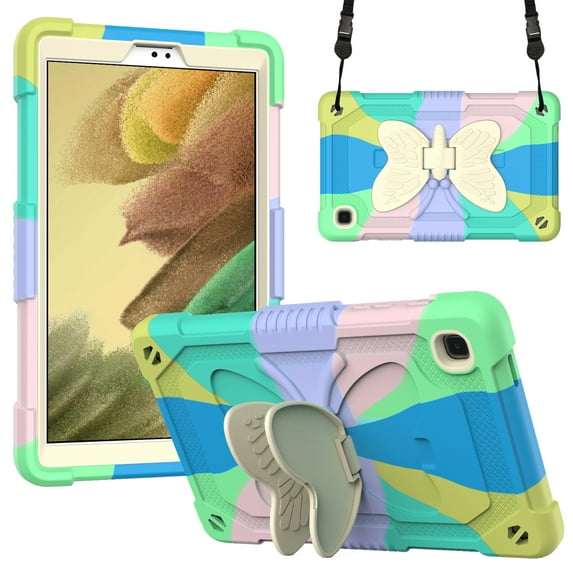 Compatible with Samsung Galaxy Tab A7 Lite 8.7 inch, Case for Kids, Cute Butterfly Wings Kickstand Shockproof Heavy Duty Rugged Cover with Shoulder Strap for Tab SM-T225/T220 - ,Rainbow Green