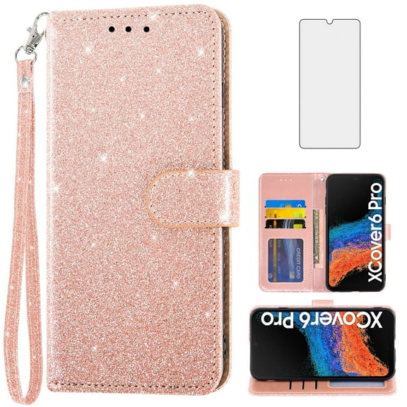 Compatible with Samsung Galaxy XCover 6 Pro/X Cover Pro 2 Wallet Phone Case and Tempered Glass Screen Protector Flip Credit Card Holder Stand Bling Glitter Cell Cover for XCover6 6Pro 2022 Pink