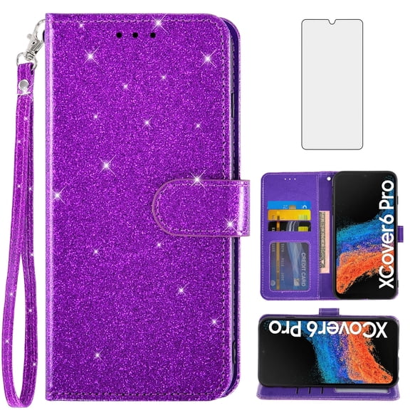 Compatible with Samsung Galaxy XCover 6 Pro/X Cover Pro 2 Wallet Phone Case and Tempered Glass Screen Protector Flip Credit Card Holder Stand Bling Glitter Cell Cover for XCover6 6Pro 2022 Purple