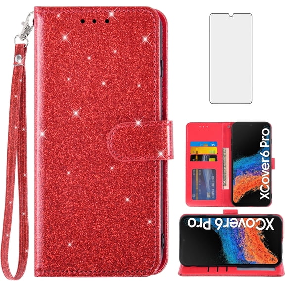 Compatible with Samsung Galaxy XCover 6 Pro/X Cover Pro 2 Wallet Phone Case and Tempered Glass Screen Protector Flip Credit Card Holder Stand Bling Glitter Cell Cover for XCover6 6Pro 2022 Red