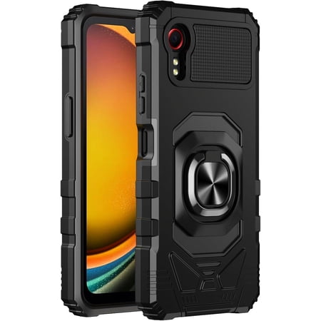 Compatible with Samsung Galaxy XCover 7 Case with Tempered Glass Screen Protector, Full-Body Protective, Magnetic Car Ring Holder Durable Cover Case (Black)