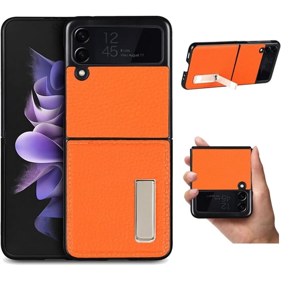 Compatible with Samsung Galaxy Z Flip 3 5G Case,Built-in Alloy Stand Feature Litchi Pattern Genuine Leather Basic Case for Samsung Galaxy Z Flip 3 5G,Orange