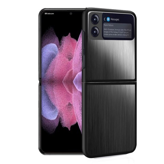 Compatible with Samsung Galaxy Z Flip 3 5G Case, Military Grade Protection Stainless Steel Metal Back Soft Silicone Shockproof Full Body Protective Slim Case for Galaxy Z Flip 3, Black