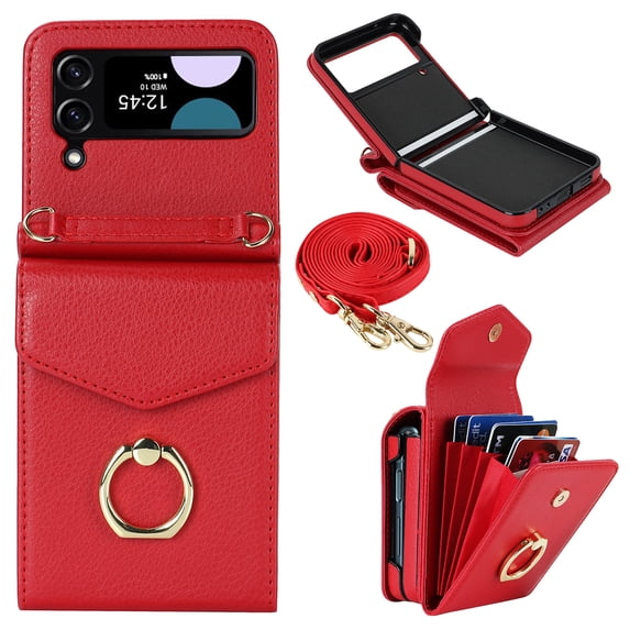 Compatible with Samsung Galaxy Z Flip 3 5G Wallet Case, with Card Holder, Ring Holder RFID Blocking PU Leather Wristband & Crossbody Strap Protective Case for Samsung Galaxy Z Flip 3, Red