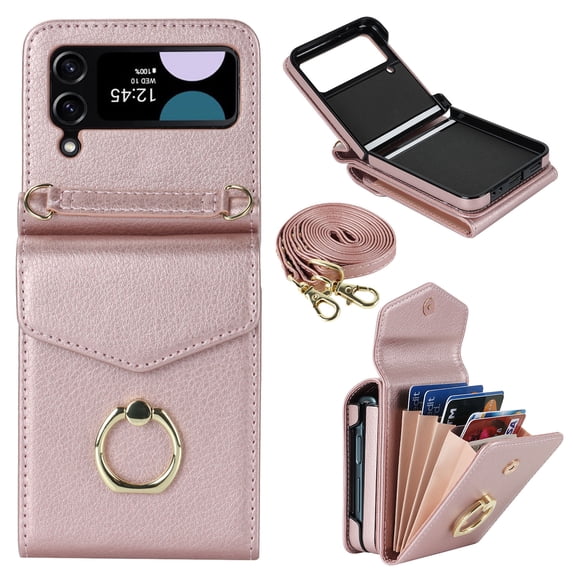 Compatible with Samsung Galaxy Z Flip 3 5G Wallet Case, with Card Holder, Ring Holder RFID Blocking PU Leather Wristband & Crossbody Strap Protective Case for Samsung Galaxy Z Flip 3, Rosegold