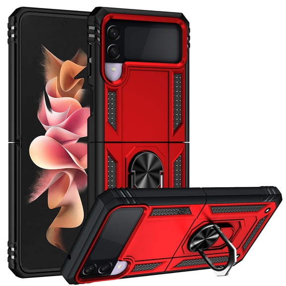 Compatible with Samsung Galaxy Z Flip 3 Case Built-in 360 Ring Holder Kickstand, Extreme Protection Military Armor Magnetic Car Dual Layer Protective Heavy Duty Phone Cover,Red