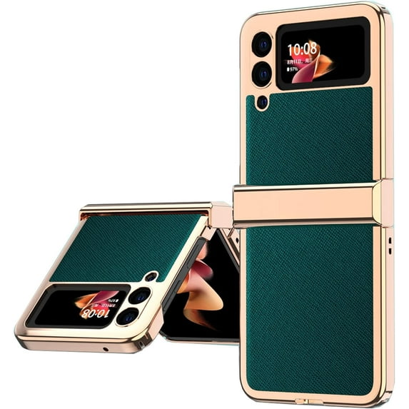 Compatible Samsung Galaxy Z Flip 3 Case with Hinge Protection,Luxury Plating PC with Leather Cover Phone Case for Samsung Z Flip 3 Case,Galaxy Flip 3 Case Men Women Samsung Flip Z 3 Case Green