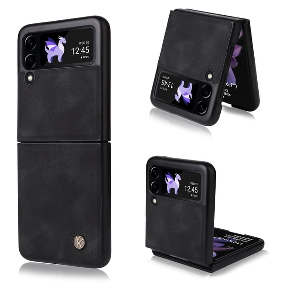 Compatible with Samsung Galaxy Z Flip 3 Case, Retro Shockproof PU Leather + Hard PC Shell Ultra Thin Slim Durable Protective Phone Case Cover for Samsung Galaxy Z Flip 3 5G 2021, Black
